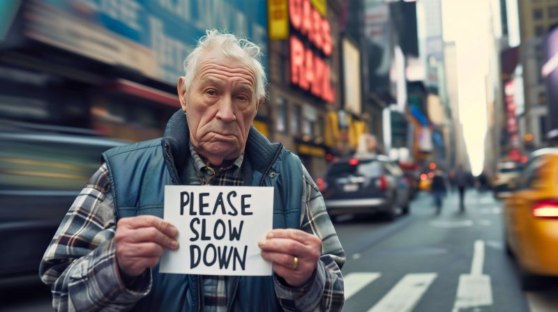 Man holding "Slow Down" sign