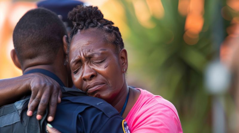 Officer embracing his mother