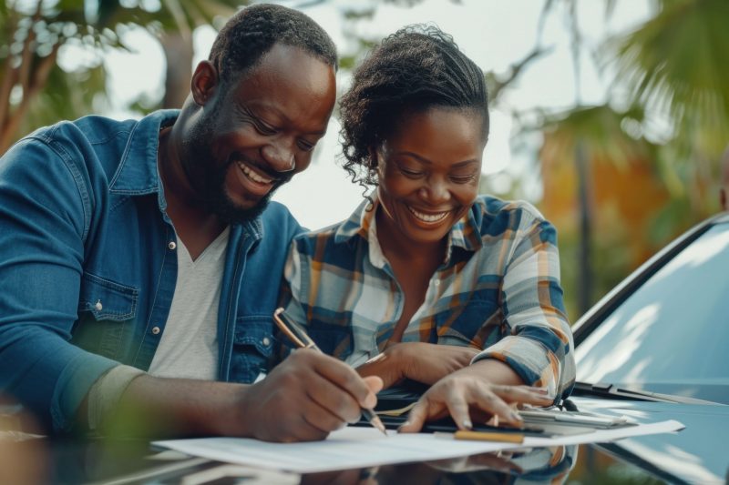 Happy people signing documents