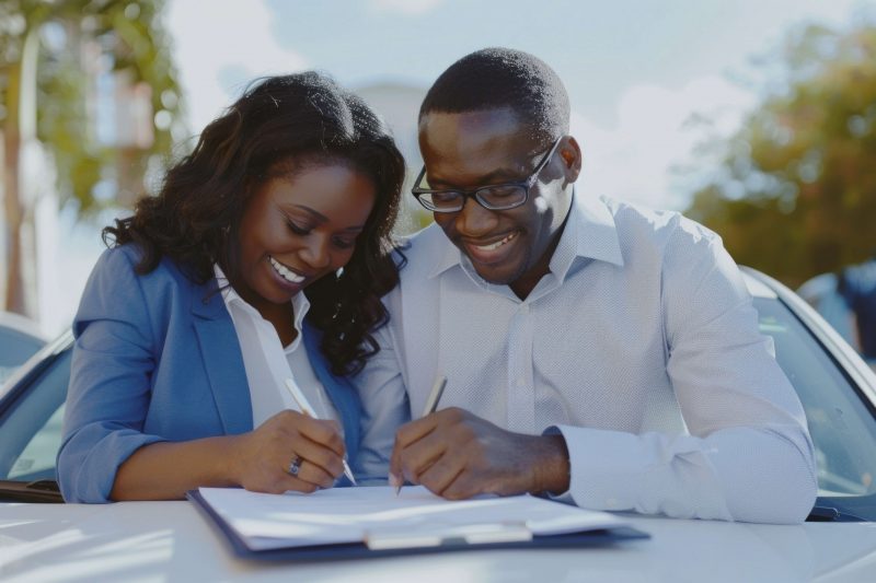 Man and woman signing document