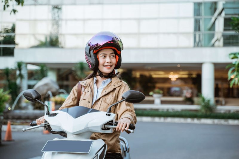 Motorcyclist wearing helmet